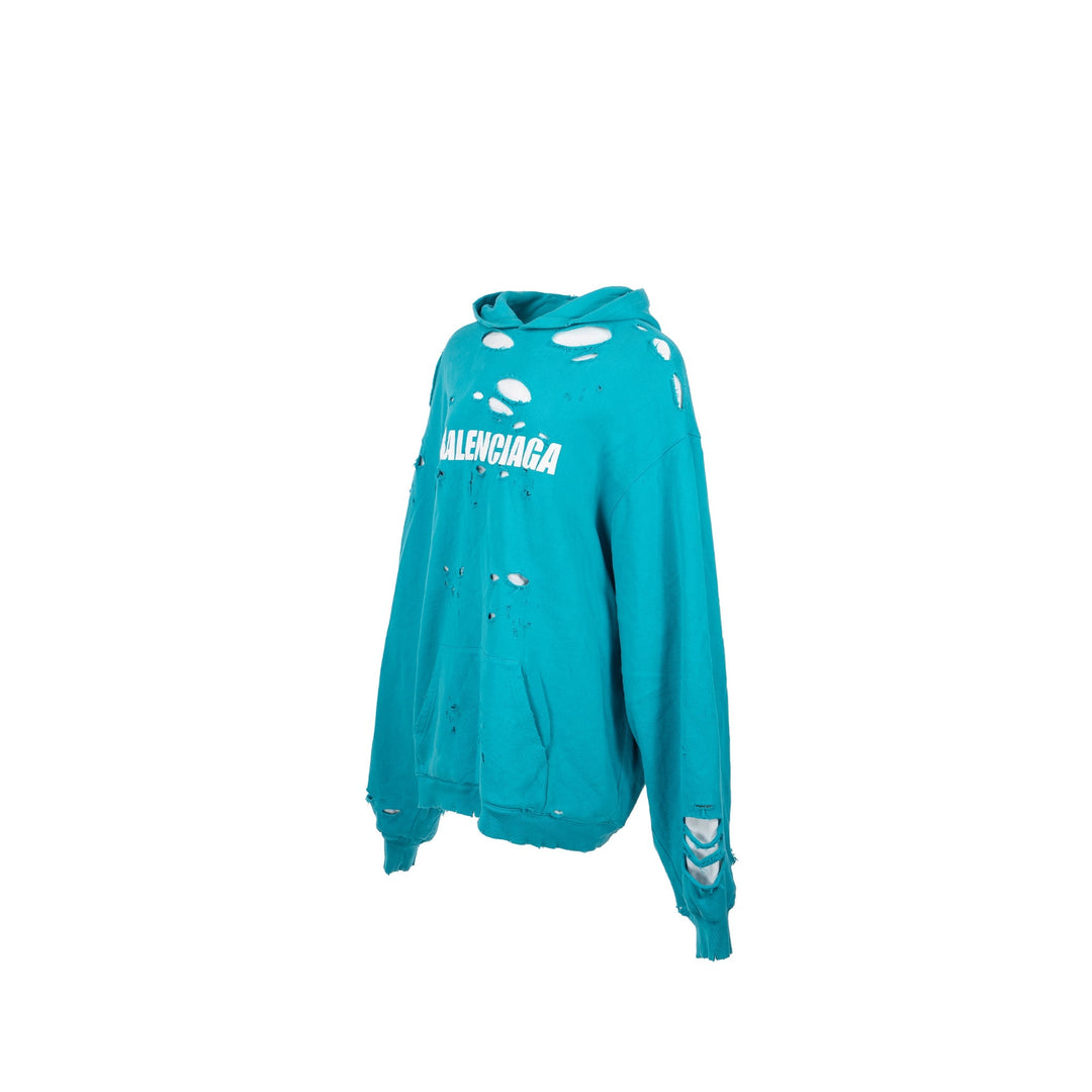 Top Quality Balenciaga size XS ripped oversized logo hoodie blue
