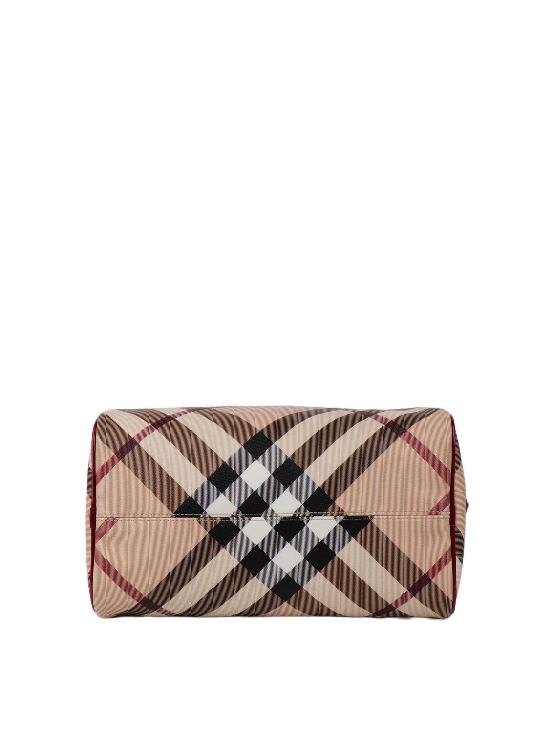 Burberry Haymarket Boston Bag with Dark Red Patent Trim.