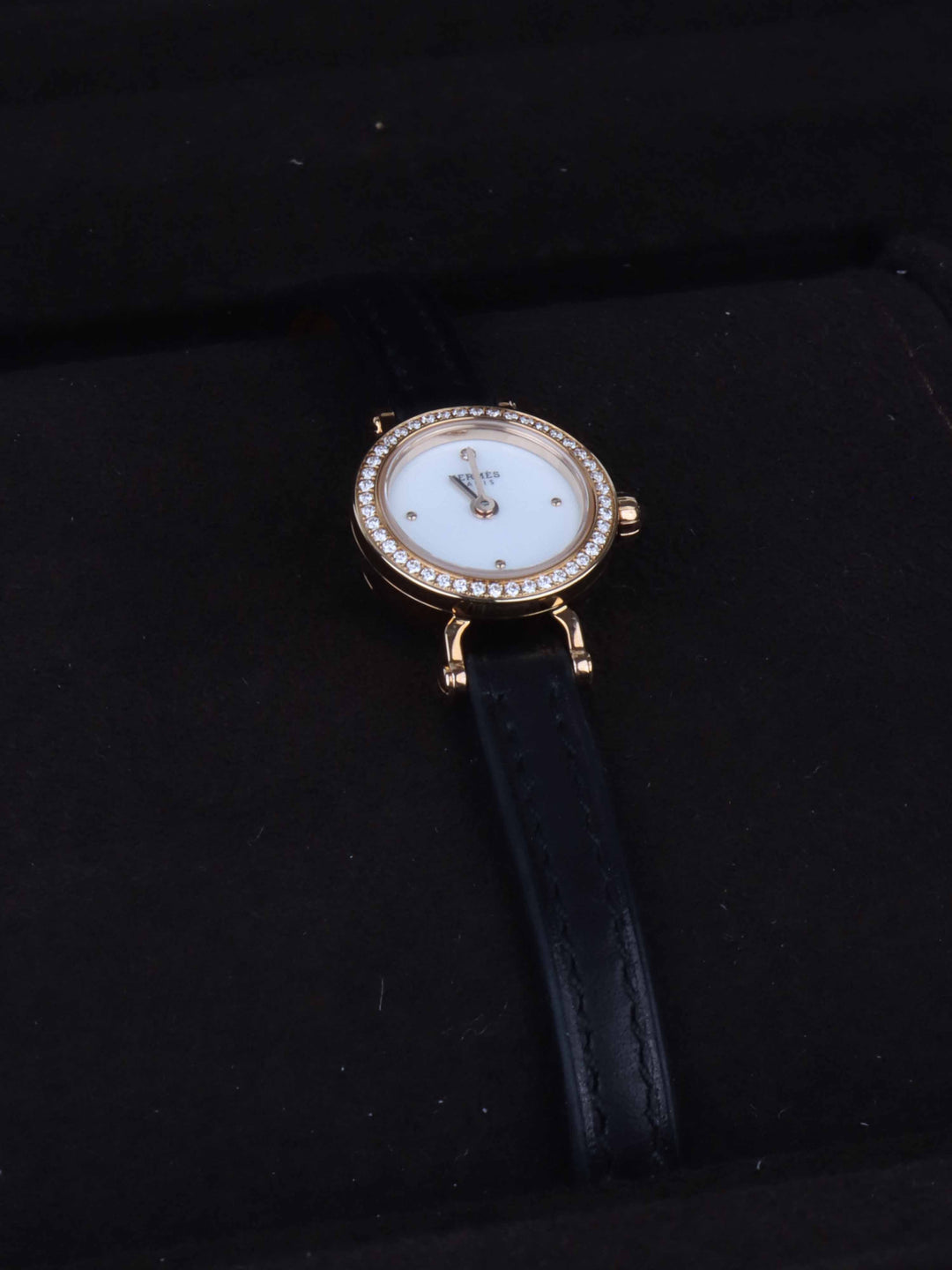 Hermes Faubourg Watch Mini Model 15mm Rose Gold with Diamonds Black