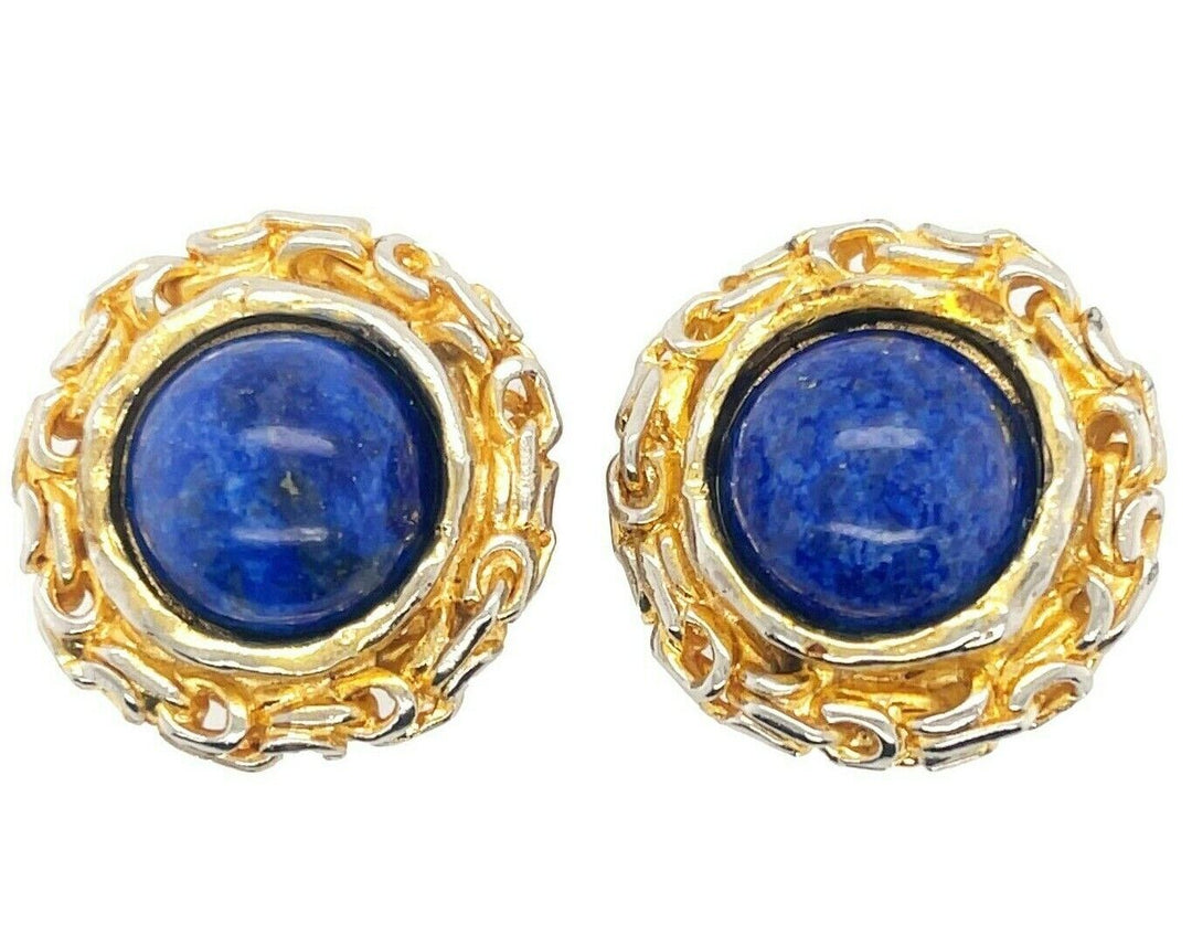 Chanel - 93A Woven Chain Lapis Lazuli Cabochon Button Earrings Gold / Blue