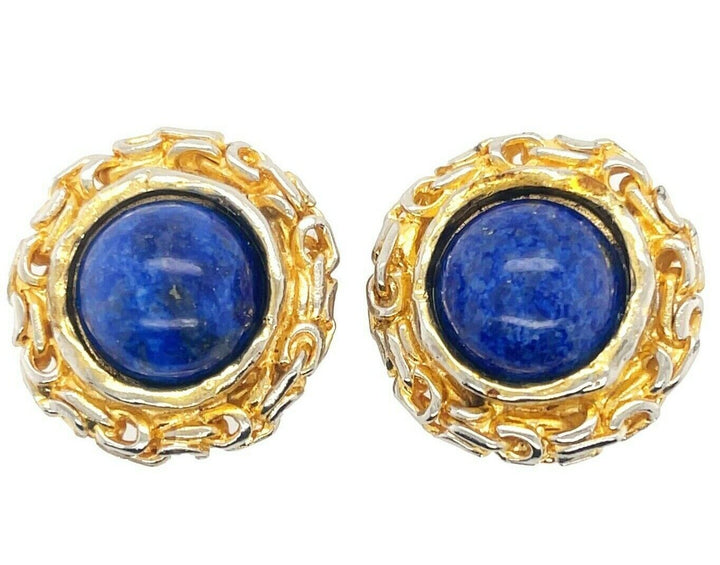 Chanel - 93A Woven Chain Lapis Lazuli Cabochon Button Earrings Gold / Blue