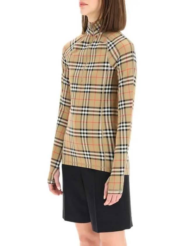 Burberry WoMen's Check Stretch Jersey Half Zip Up Long Sleeve T-Shirt Beige
