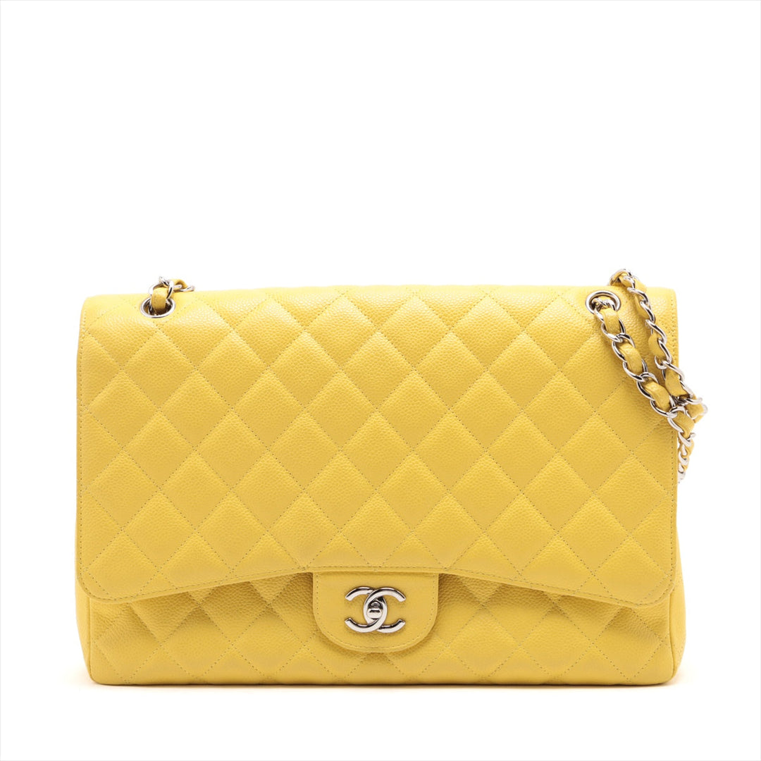 Top Quality Chanel DECAMATRASSE 34 MAXI Caviar S Single Flap Double Chain Bag Yellow Silver  13th A58601