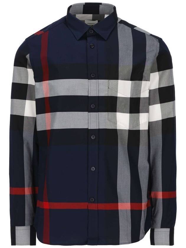 Burberry Men's Checked Stretch Cotton Poplin Long Sleeve Shirt Navy