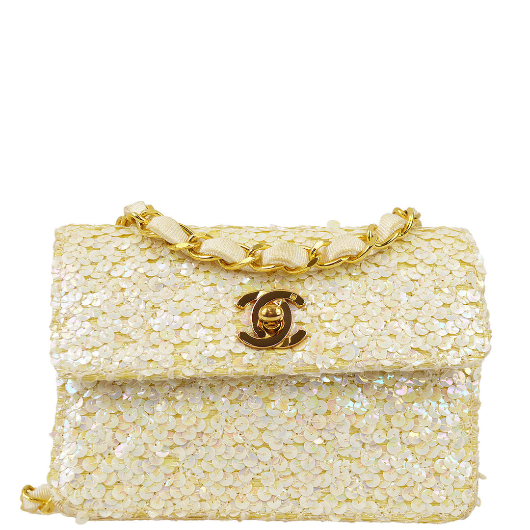 Top Quality Chanel * White Sequin Straight Flap Shoulder Bag Micro