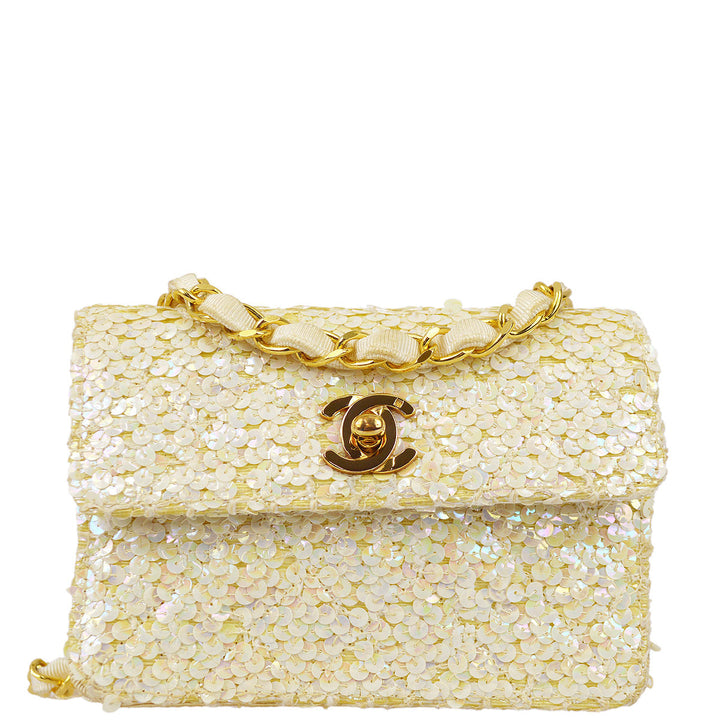 Top Quality Chanel * White Sequin Straight Flap Shoulder Bag Micro