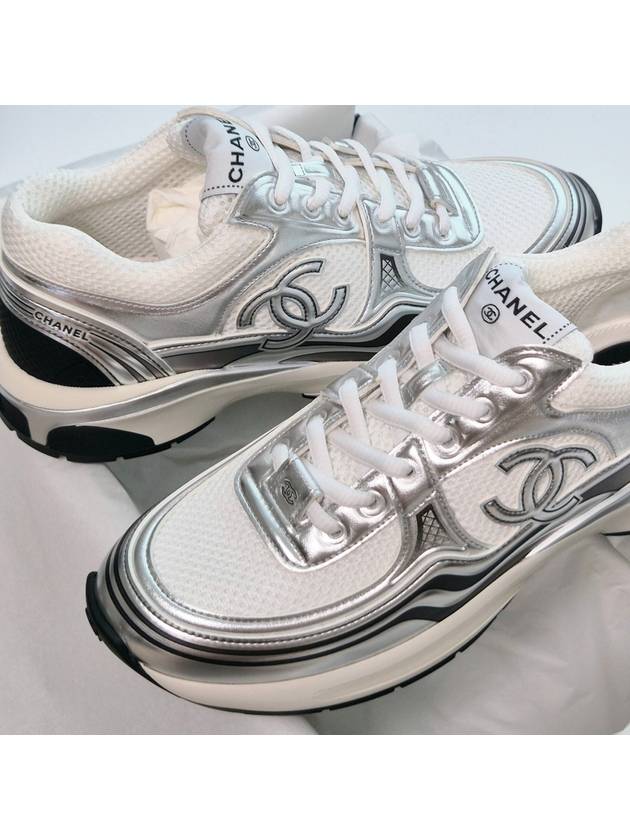 Fabric Laminated Low Top Sneakers Silver Chanel