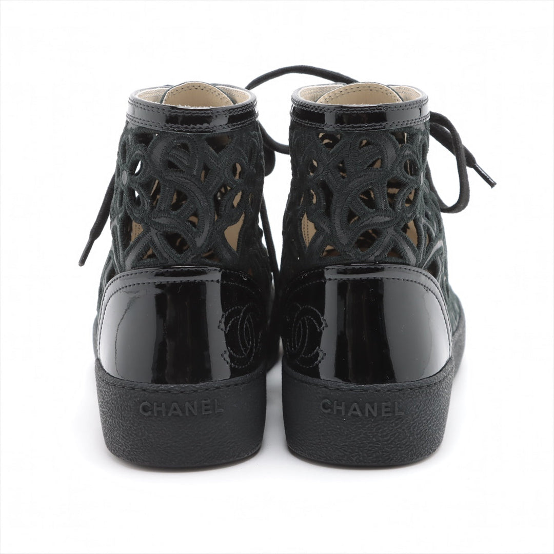 Top Quality Chanel Coco Leather X Fabric High-Cut Trainers 38  Black Flower Race