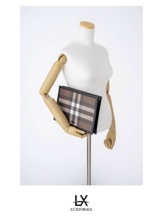 Burberry Check Leather Zipper Clutch Bag Brown