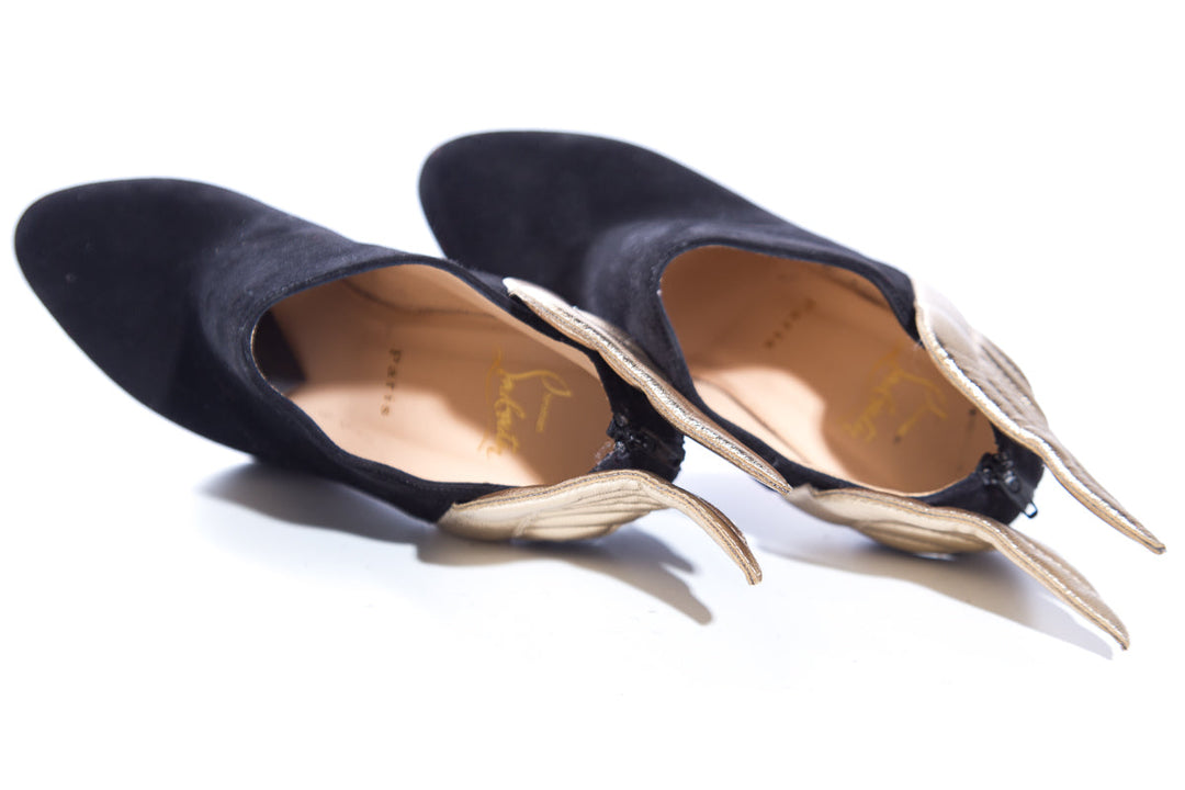Christian Louboutin Black Suede & Gold Wing Heels SZ 36