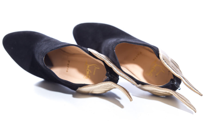 Christian Louboutin Black Suede & Gold Wing Heels SZ 36