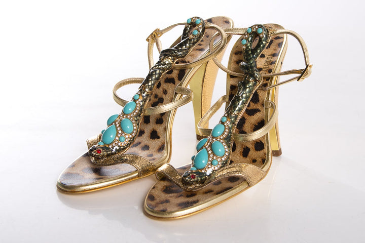Roberto Cavalli Gold & Multi Cobra Detail Sandals SZ 36