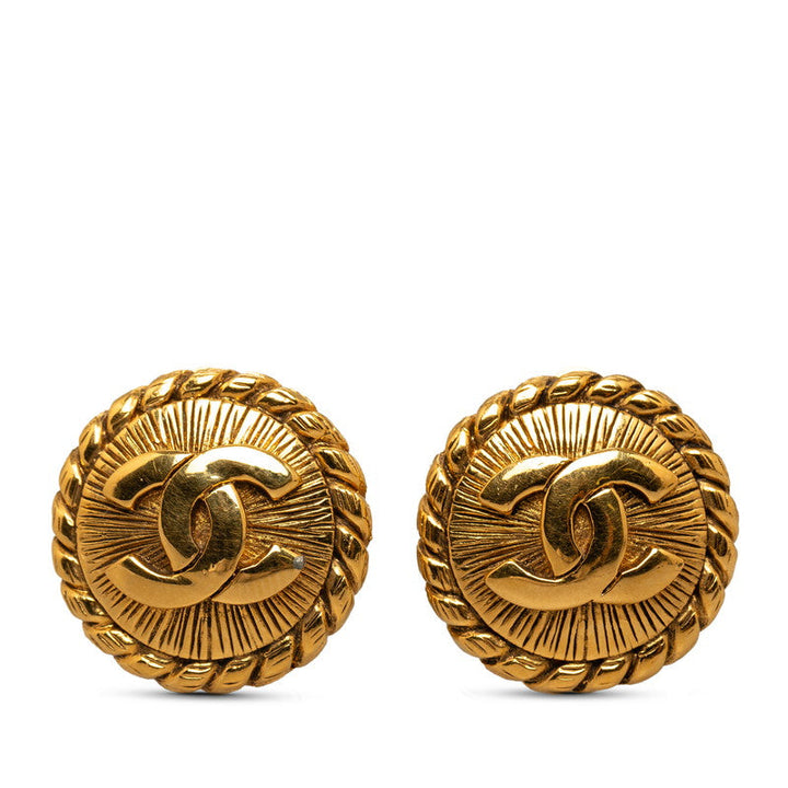 Top Quality Chanel Round Medallion Clip On Earrings Gold Plated Women's