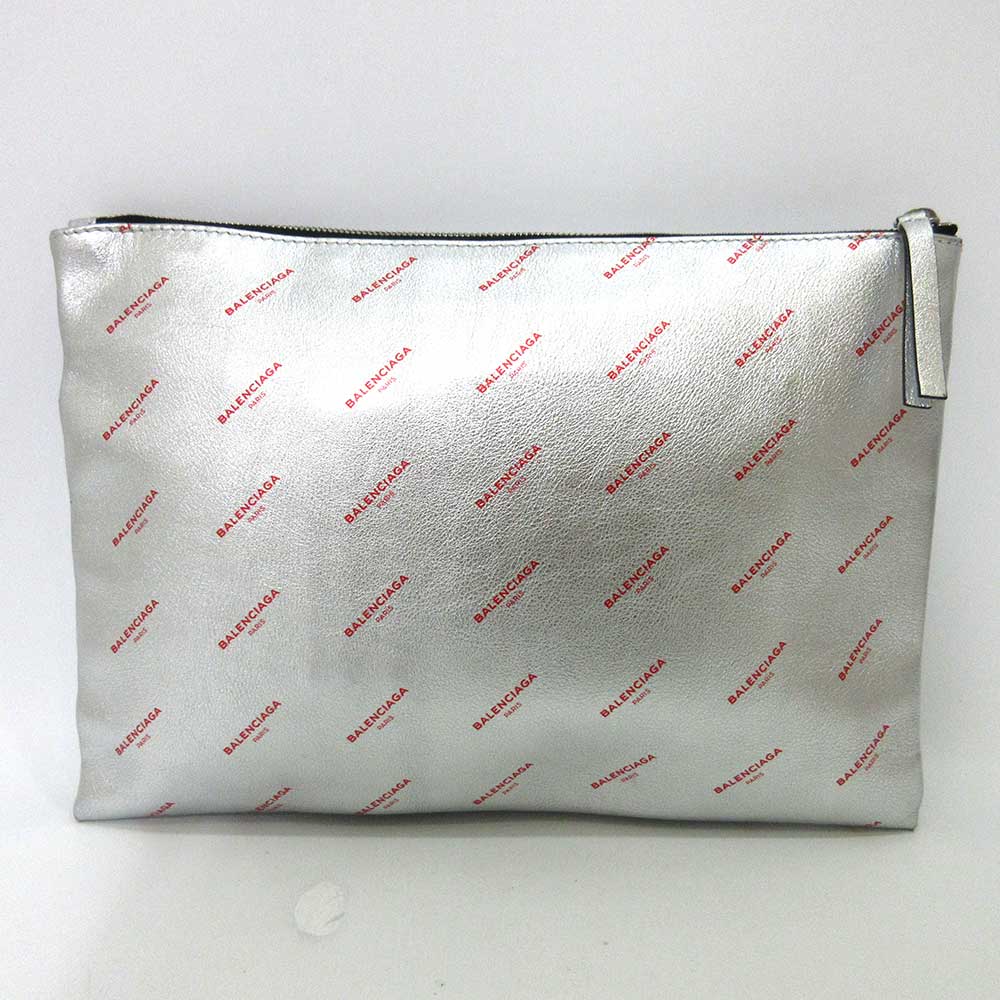 Top Quality Balenciaga Leather Logo Large Clutch Silver