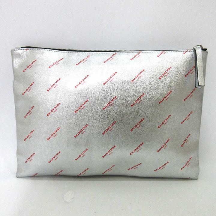 Top Quality Balenciaga Leather Logo Large Clutch Silver