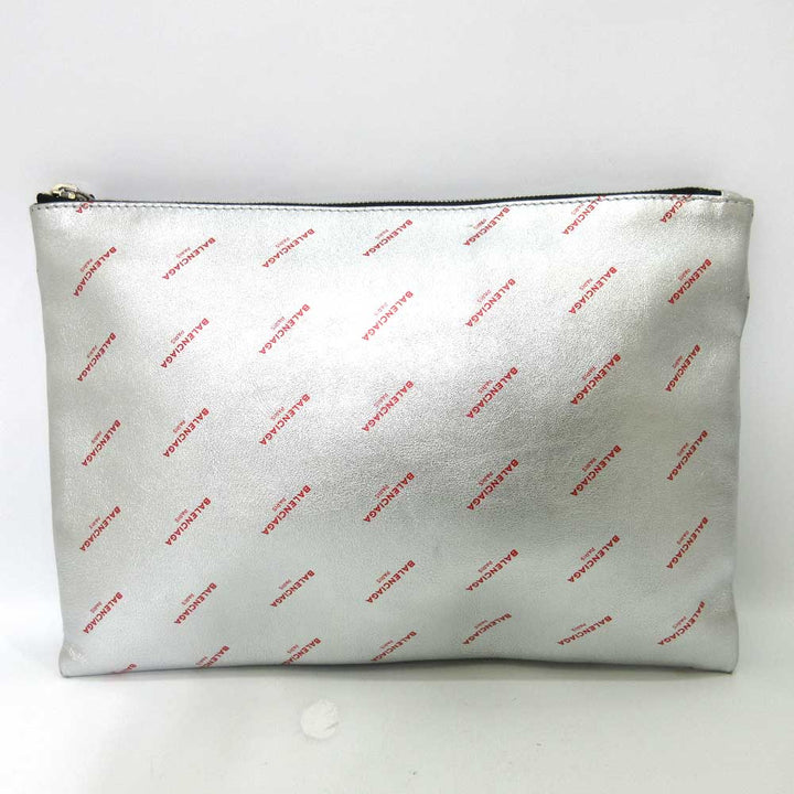 Top Quality Balenciaga Leather Logo Large Clutch Silver