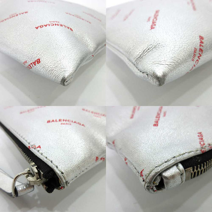 Top Quality Balenciaga Leather Logo Large Clutch Silver