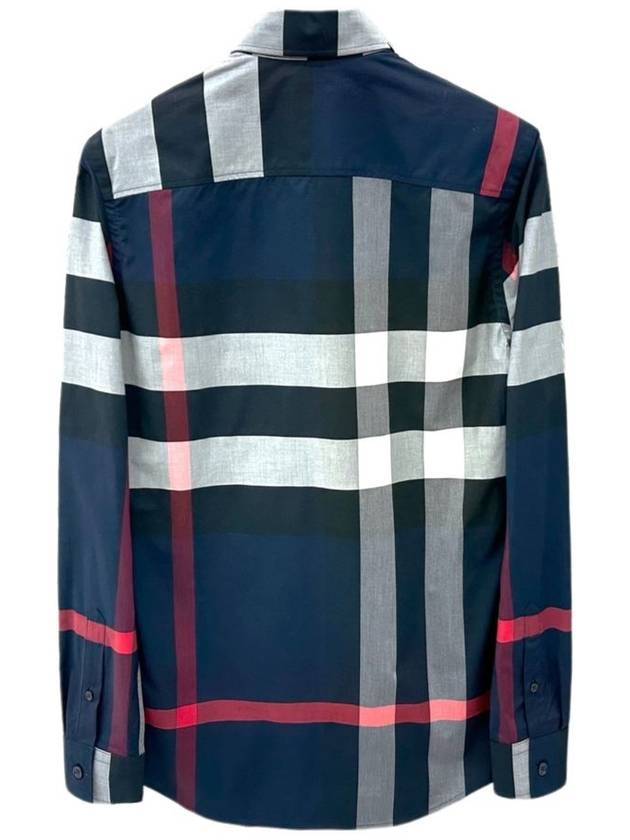 Burberry Men's Checked Stretch Cotton Poplin Long Sleeve Shirt Navy