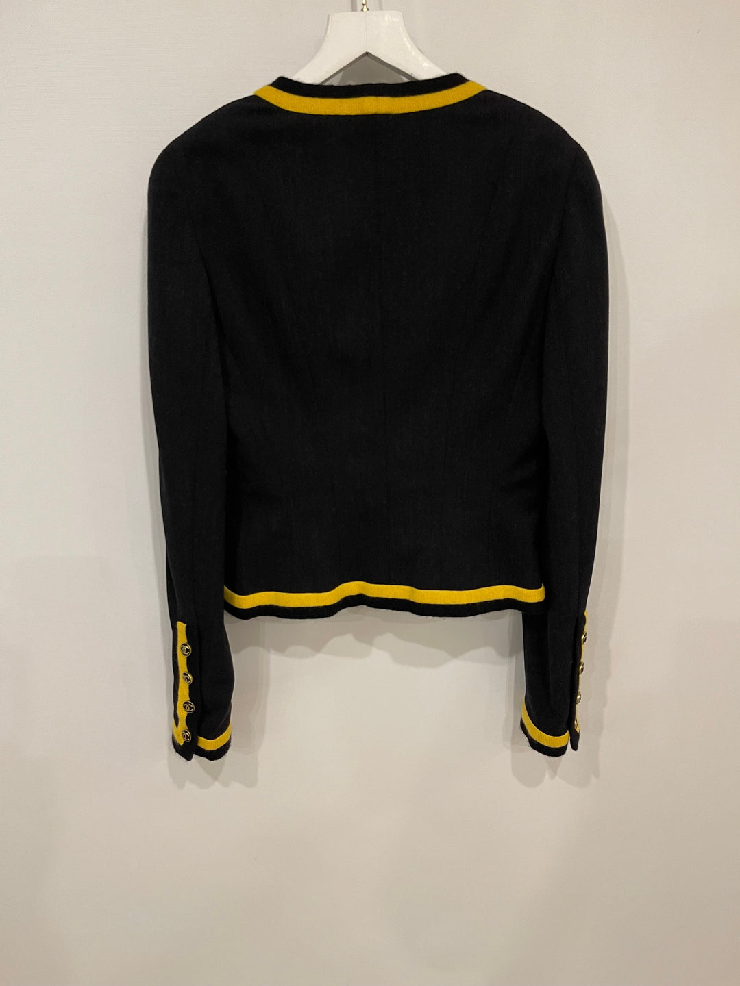 *HOT* Top Quality Chanel 1994 Vintage Black and Yellow Wool Jacket & Midi Skirt Set with CC Logo Button Details Size FR 40 (UK 12)