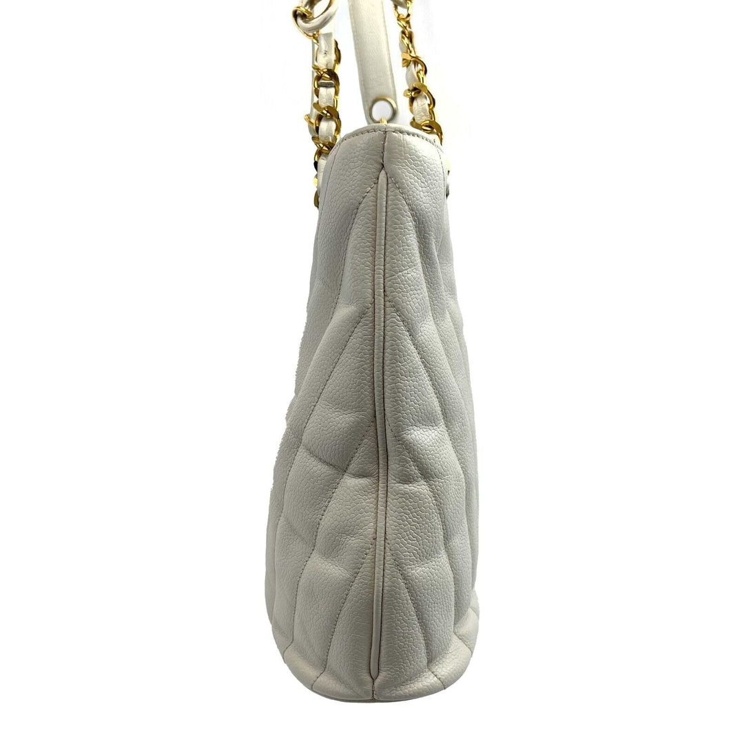Chanel - Vintage 1994 White Leather Small Chevron Tote / Shoulder Bag