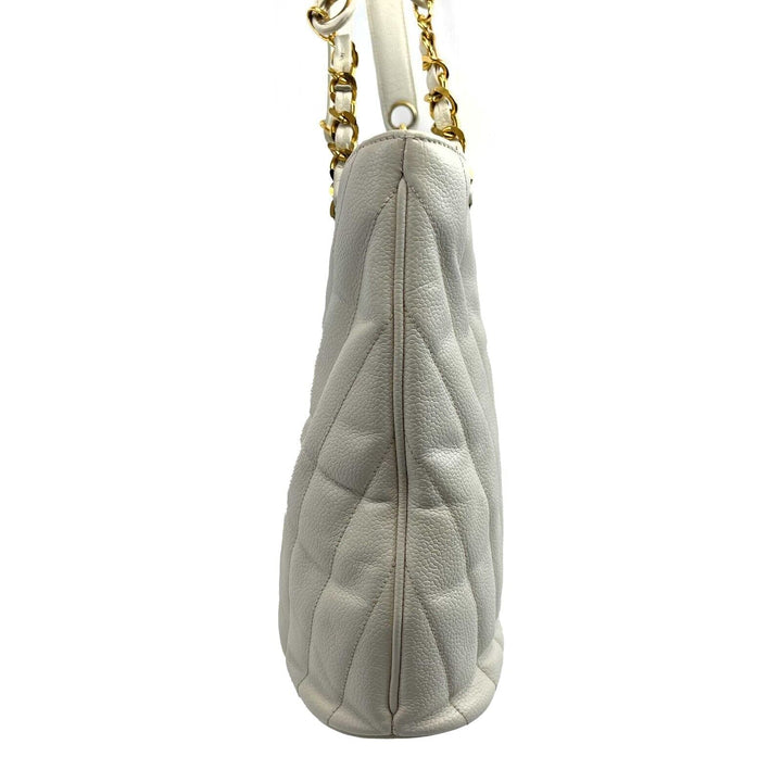 Chanel - Vintage 1994 White Leather Small Chevron Tote / Shoulder Bag