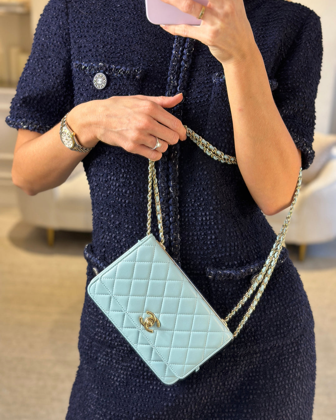 *HOT COLOUR* Top Quality Chanel Baby Blue Quilted Trendy Wallet on Chain Bag in Lambskin Leather with Champagne Gold Hardware