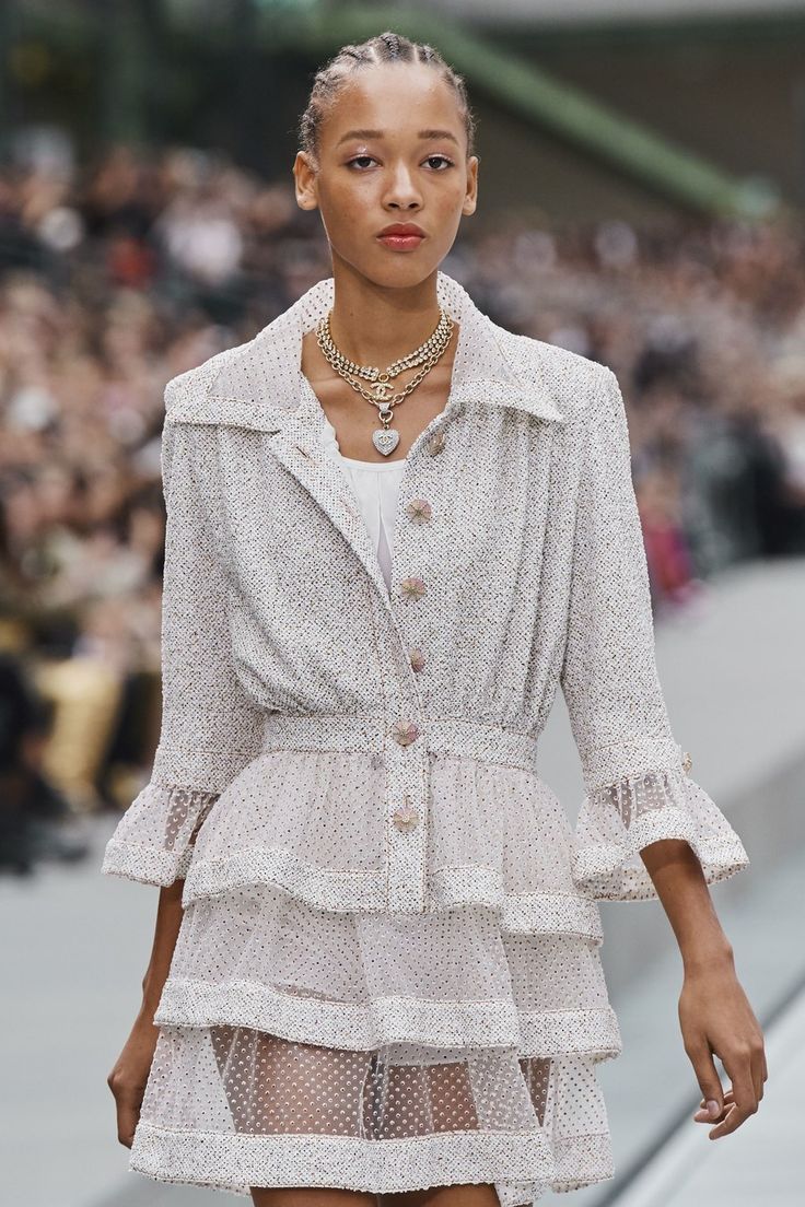 *RUNWAY* Top Quality Chanel Spring/Summer 2020 Beige Long Sleeve Dress with Mesh Polkadot & CC Buttons Details Size FR 36 (UK 8)