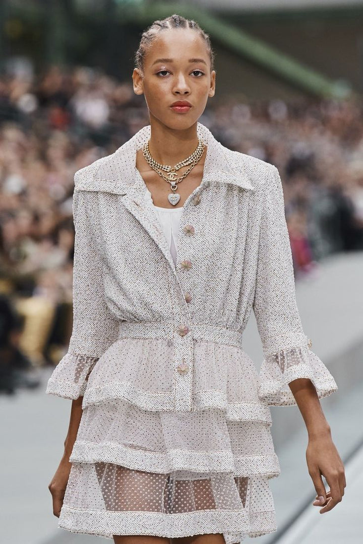 *RUNWAY* Top Quality Chanel Spring/Summer 2020 Beige Long Sleeve Dress with Mesh Polkadot & CC Buttons Details Size FR 36 (UK 8)