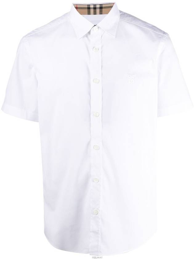 Burberry Chest Monogram Embroidered Cotton Short Sleeve Shirt White