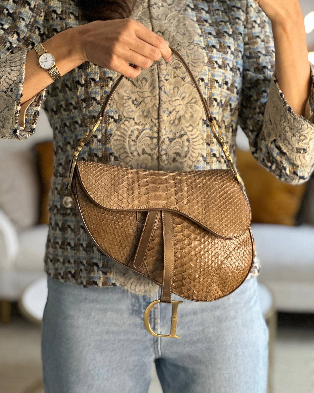 *RARE* Christian Dior Brown Python Saddle Bag with Antique Gold Hardware