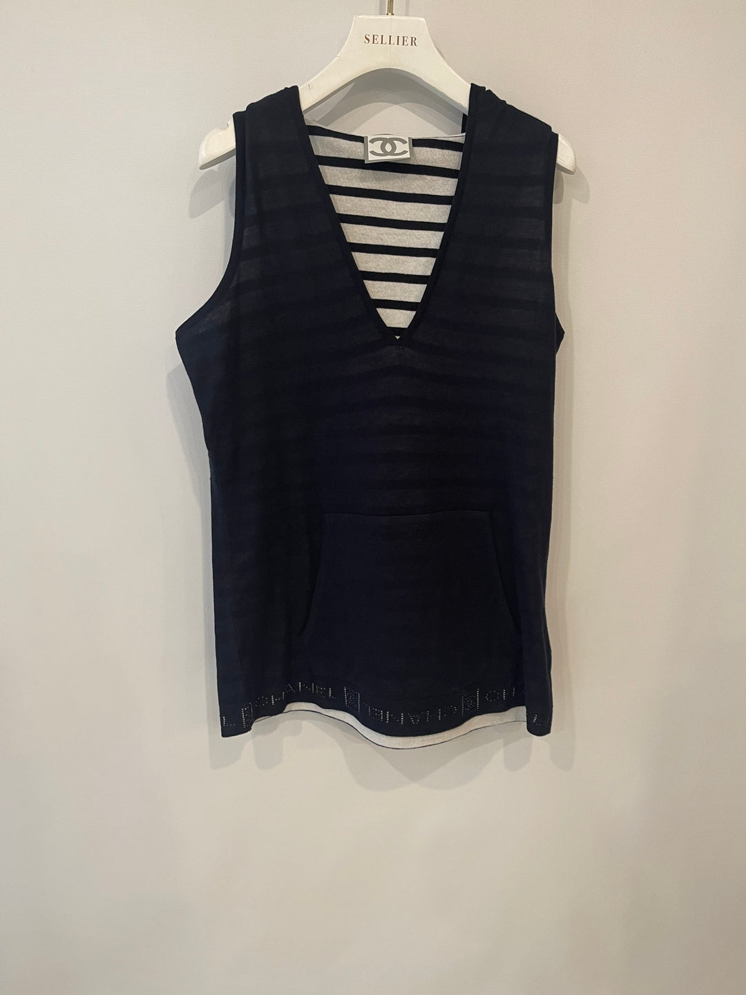 Top Quality Chanel 09P Navy and White Sleeveless Hoodie Top with Logo Details Size FR 42 (UK 14)