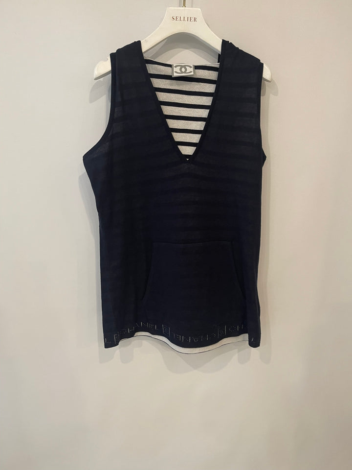 Top Quality Chanel 09P Navy and White Sleeveless Hoodie Top with Logo Details Size FR 42 (UK 14)