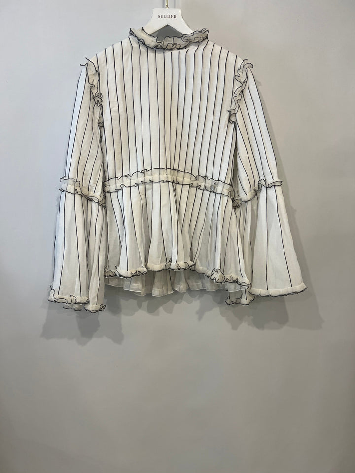 Top Quality Chanel Spring 2017 White Silk Striped Ruffle Long-Sleeve Top  Velcro Back Detail Size FR 36 (UK 8)