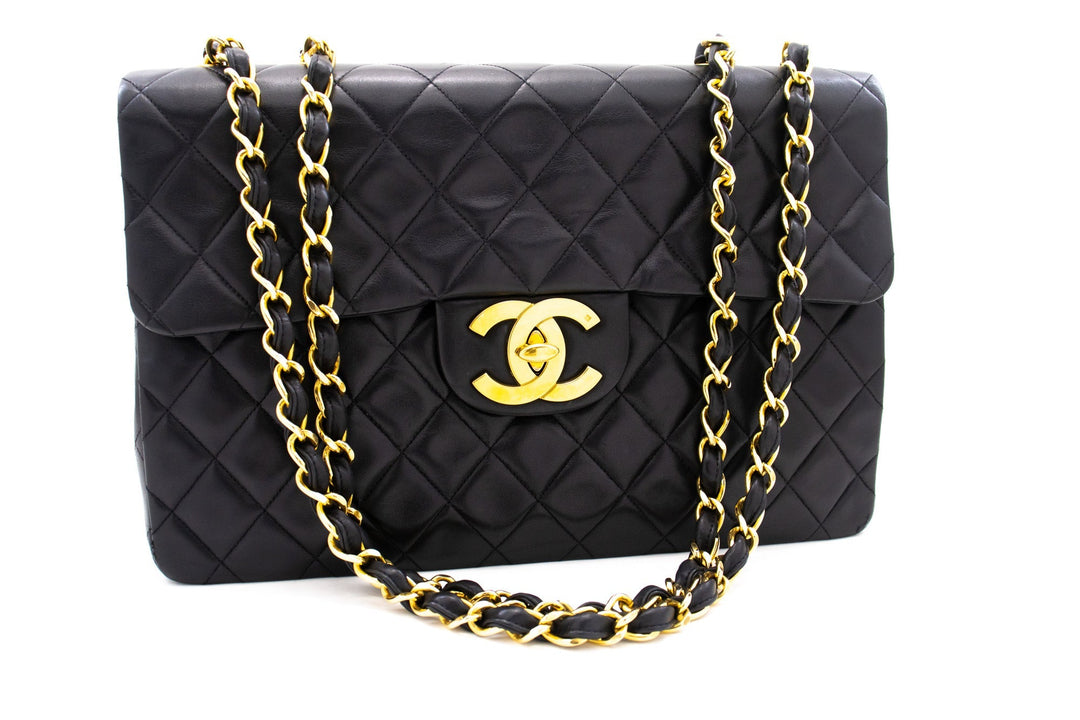 Chanel Classic Large 13" New Chain Shoulder Bag Black Lambskin