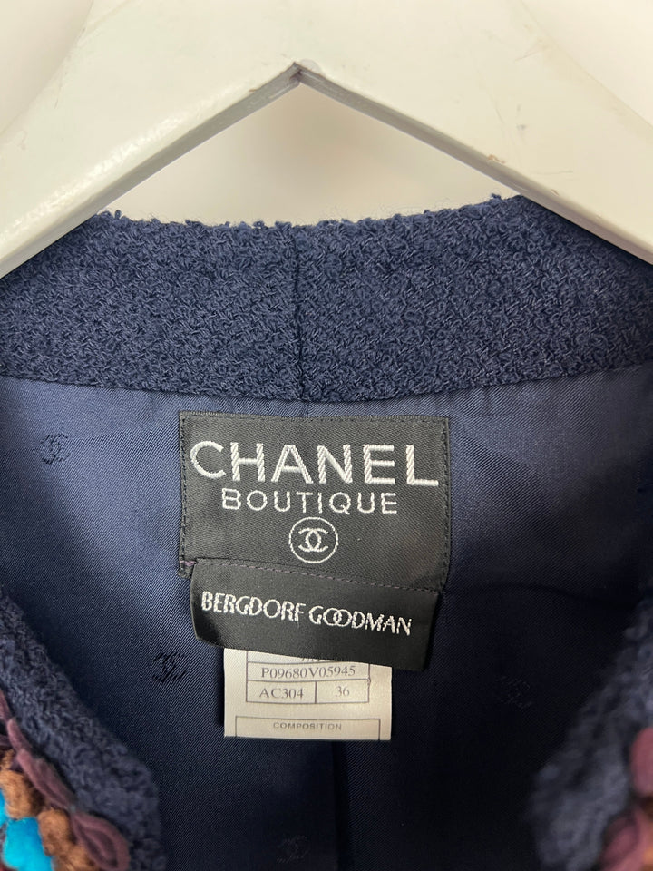 Top Quality Chanel for Bergdorf Newman AW/97 Navy Boucle Cropped Jacket with Matching Trousers Size FR 36 (UK 8)