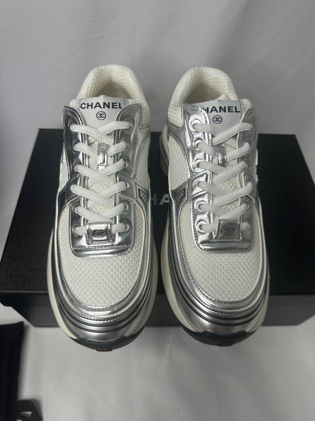 Fabric Laminated Low Top Sneakers Silver Chanel