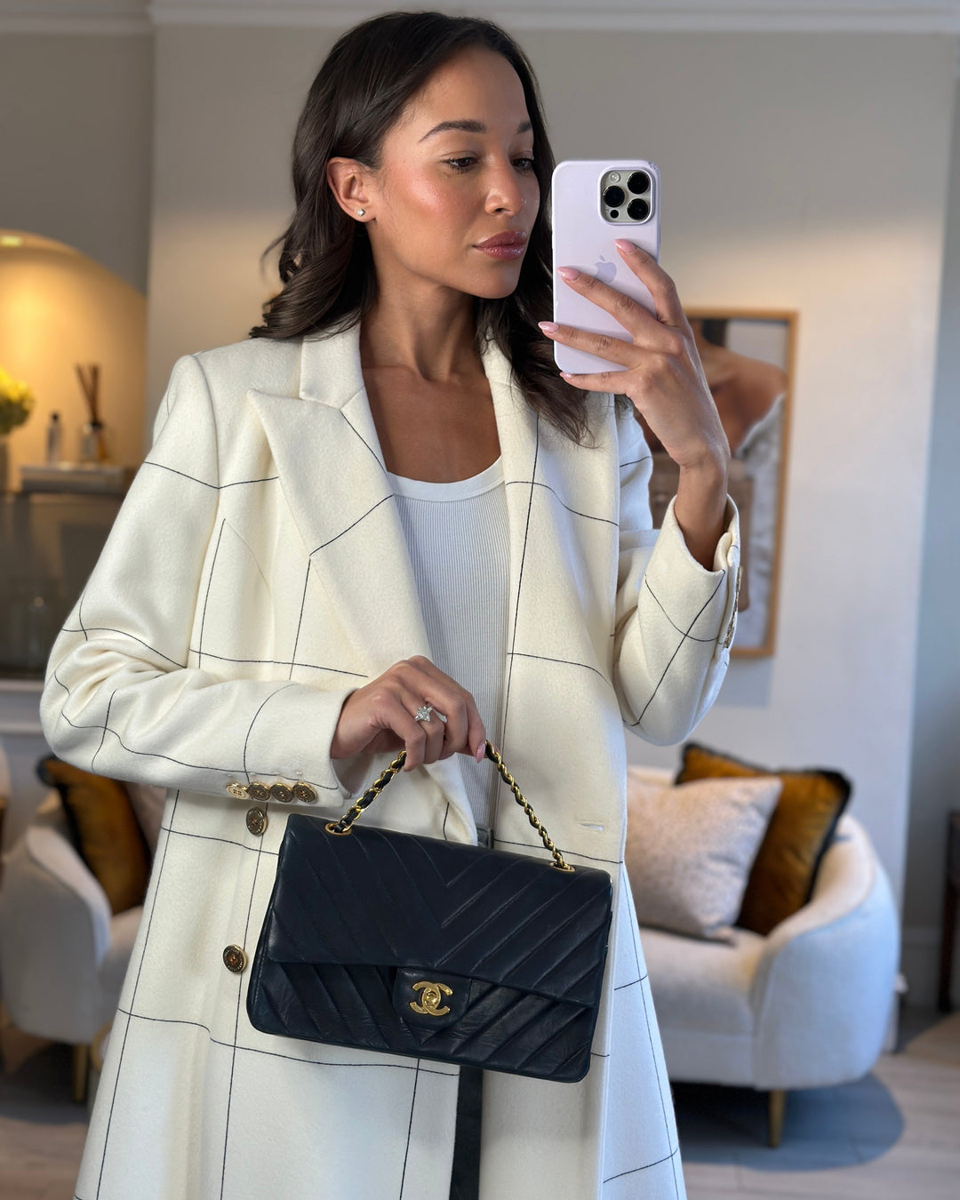 Top Quality Chanel Navy Vintage Classic Medium Chevron Double Flap Bag in Lambskin Leather with 24K Gold Hardware