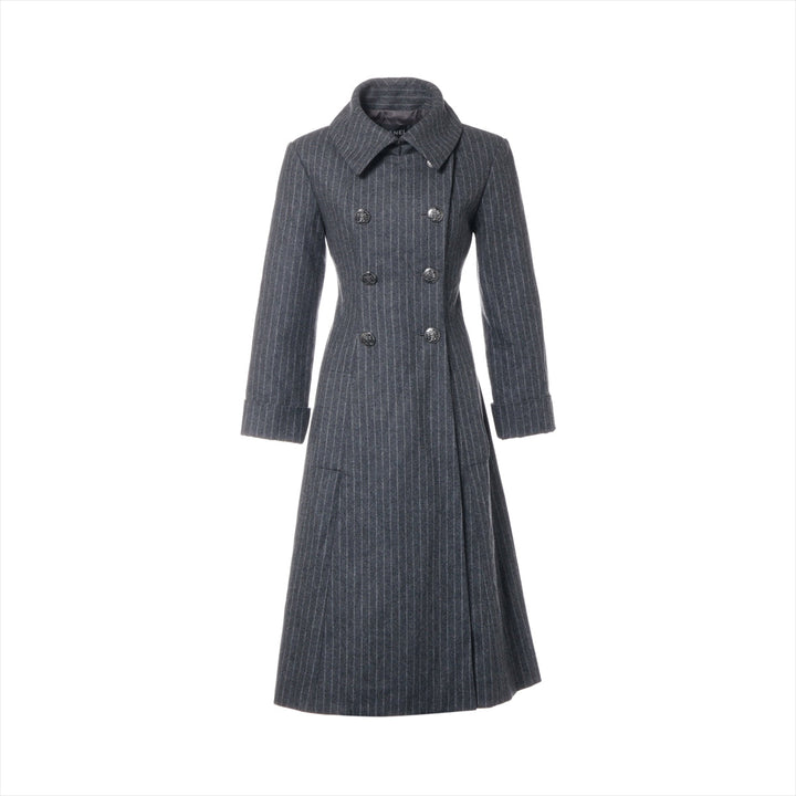 Top Quality Chanel Coconut Button Wool  Silk Long Coat 34  Grey P59015 Strip