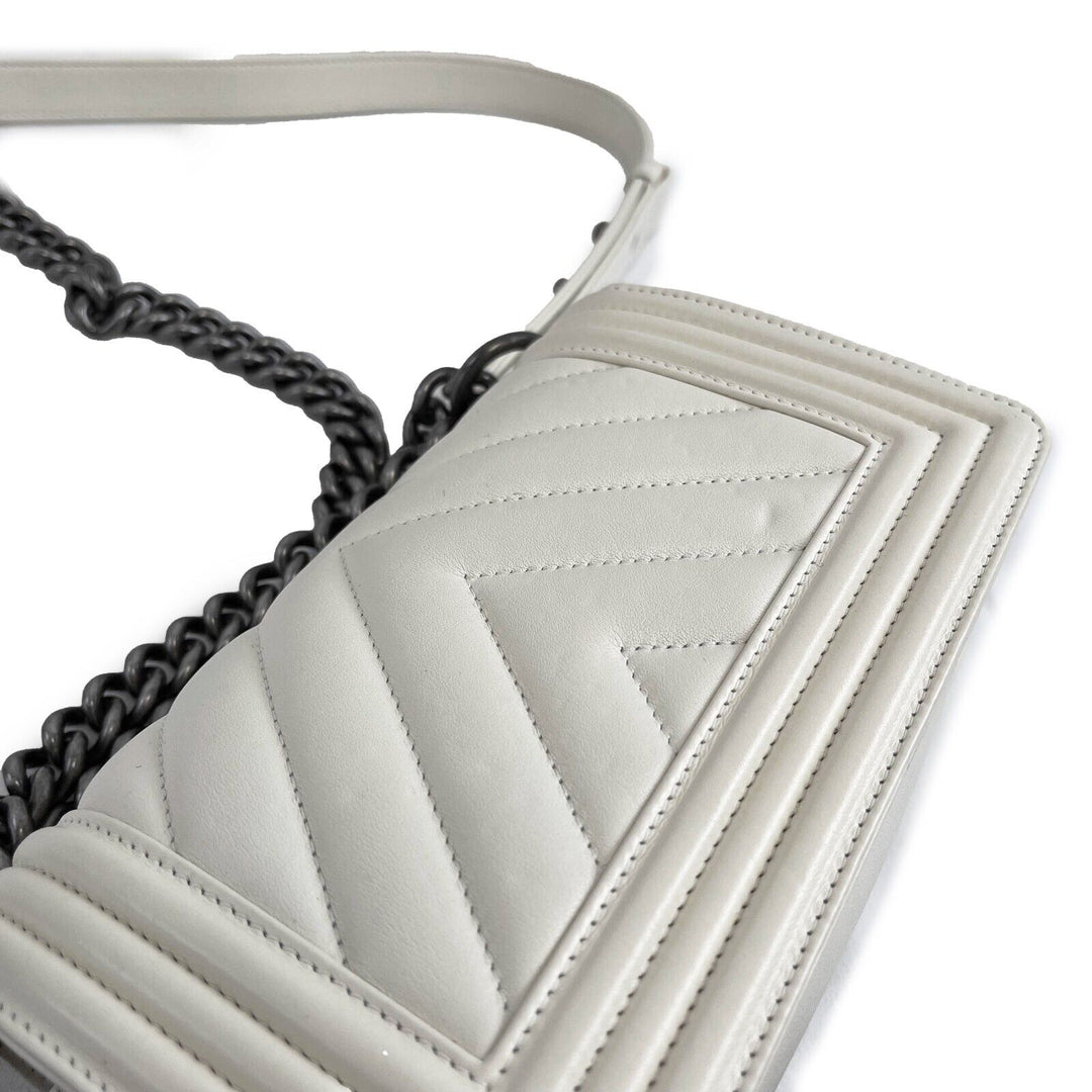 Chanel Boy New Chevron Quilted White Shoulder Bag Mini