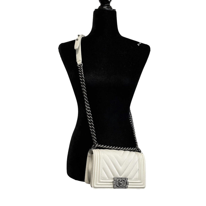 Chanel Boy New Chevron Quilted White Shoulder Bag Mini