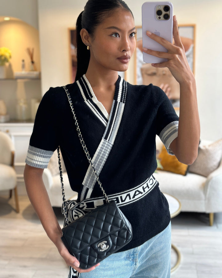 *HOT* Top Quality Chanel Black Mini Square Flap Bag in Lambskin with Silver Hardware