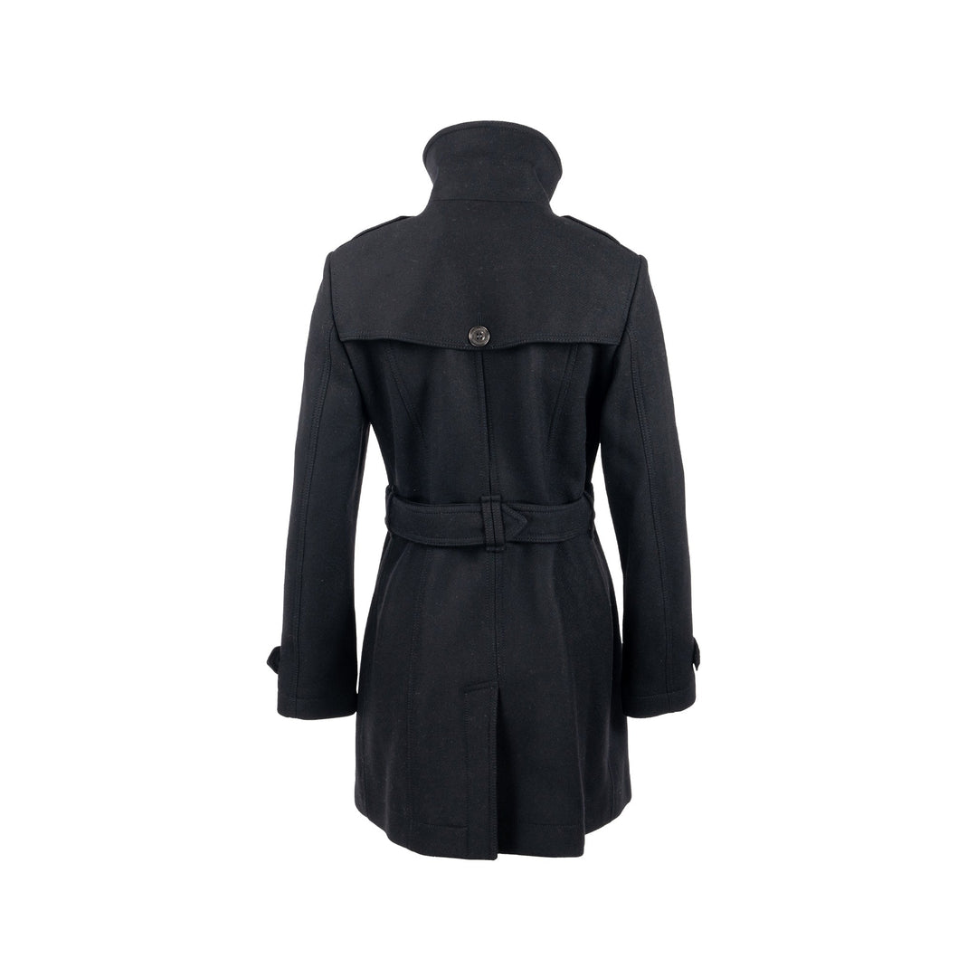 Burberry Size IT40 Pea Double Breasted Belted-Waist Coat Virgin Wool Black