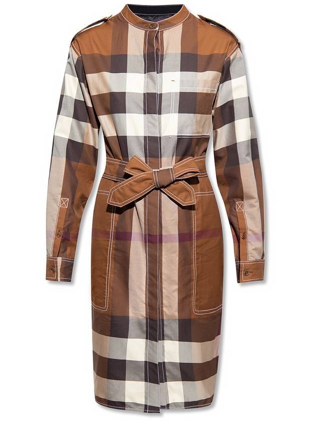 Burberry Check Cotton Popolin Waist Shirt Midi Dress Brown