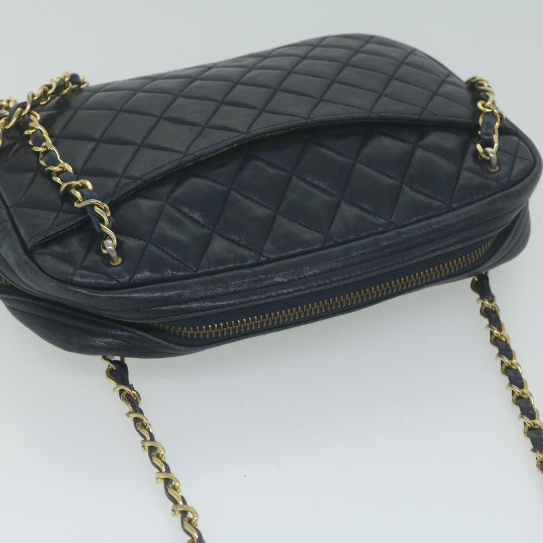 Top Quality Chanel Matelasse Chain Shoulder Bag Leather Navy CC Auth 65588