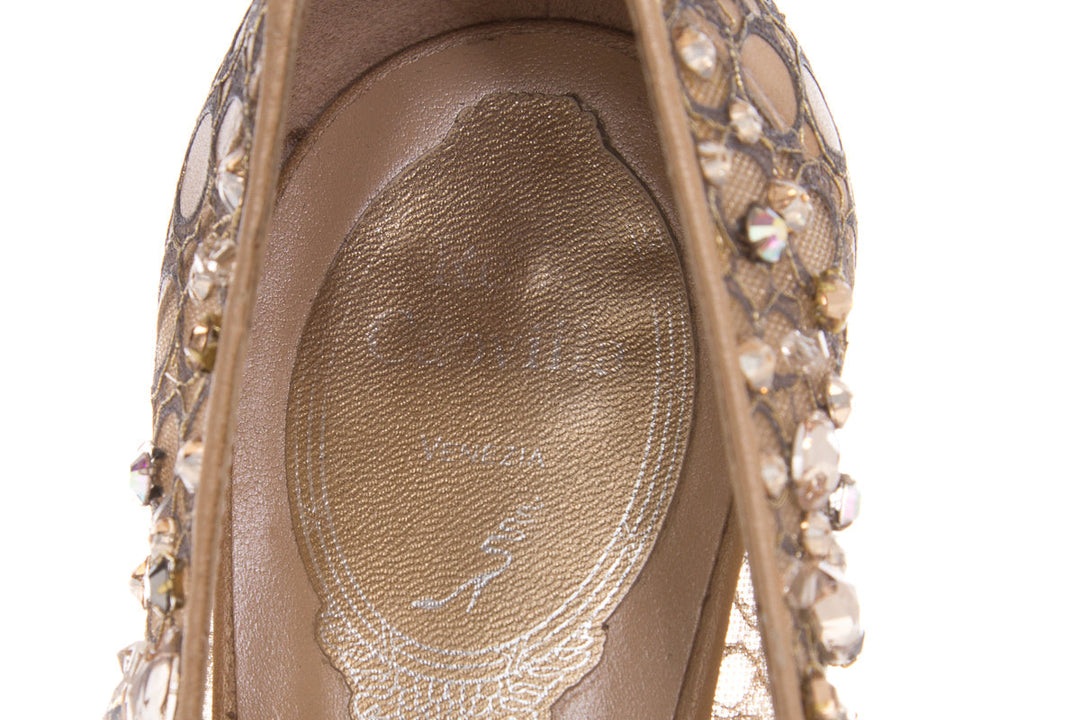 Rene Caovilla Gold Jeweled Lace Heels SZ 38