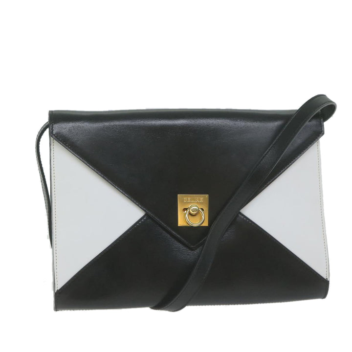 Celine Clutch Bag Leather 2way White Black Auth 65641