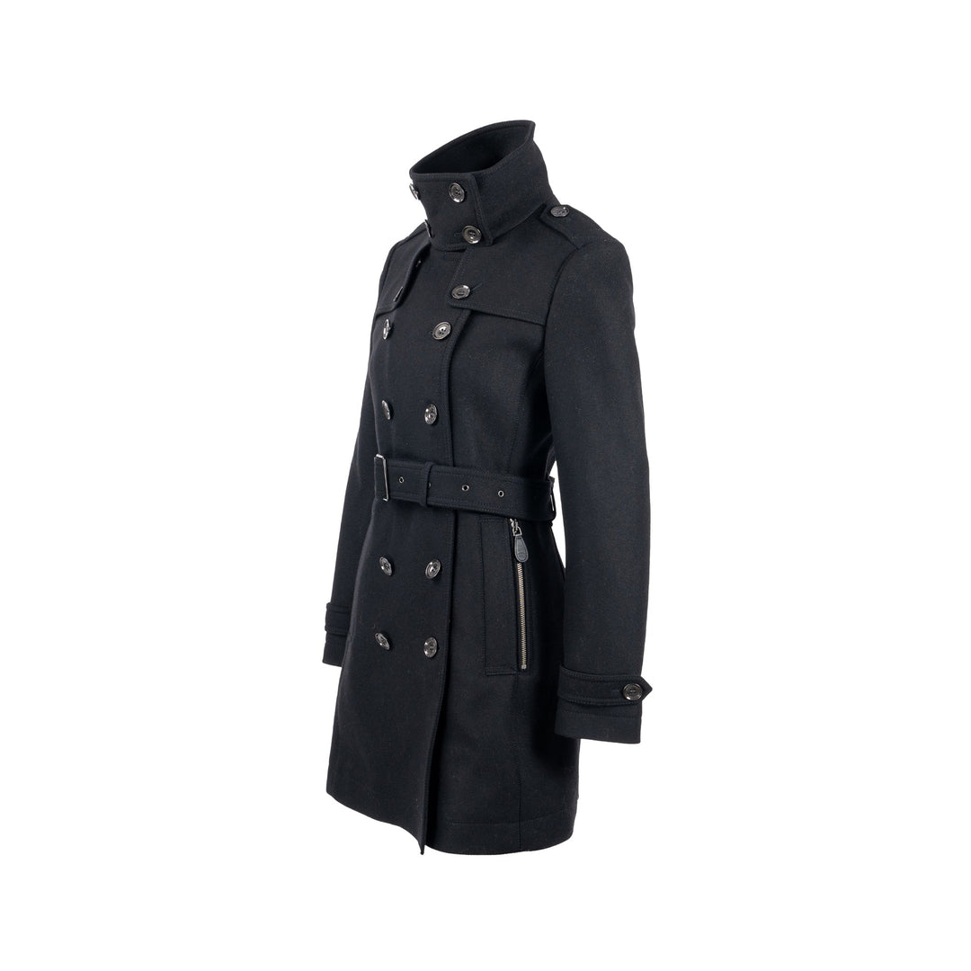 Burberry Size IT40 Pea Double Breasted Belted-Waist Coat Virgin Wool Black