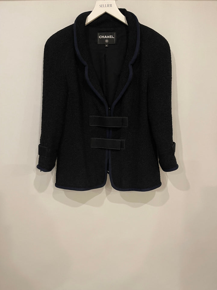 Top Quality Chanel Black Tweed Jacket with Velcro and Navy Details Size FR 42 (UK 14)