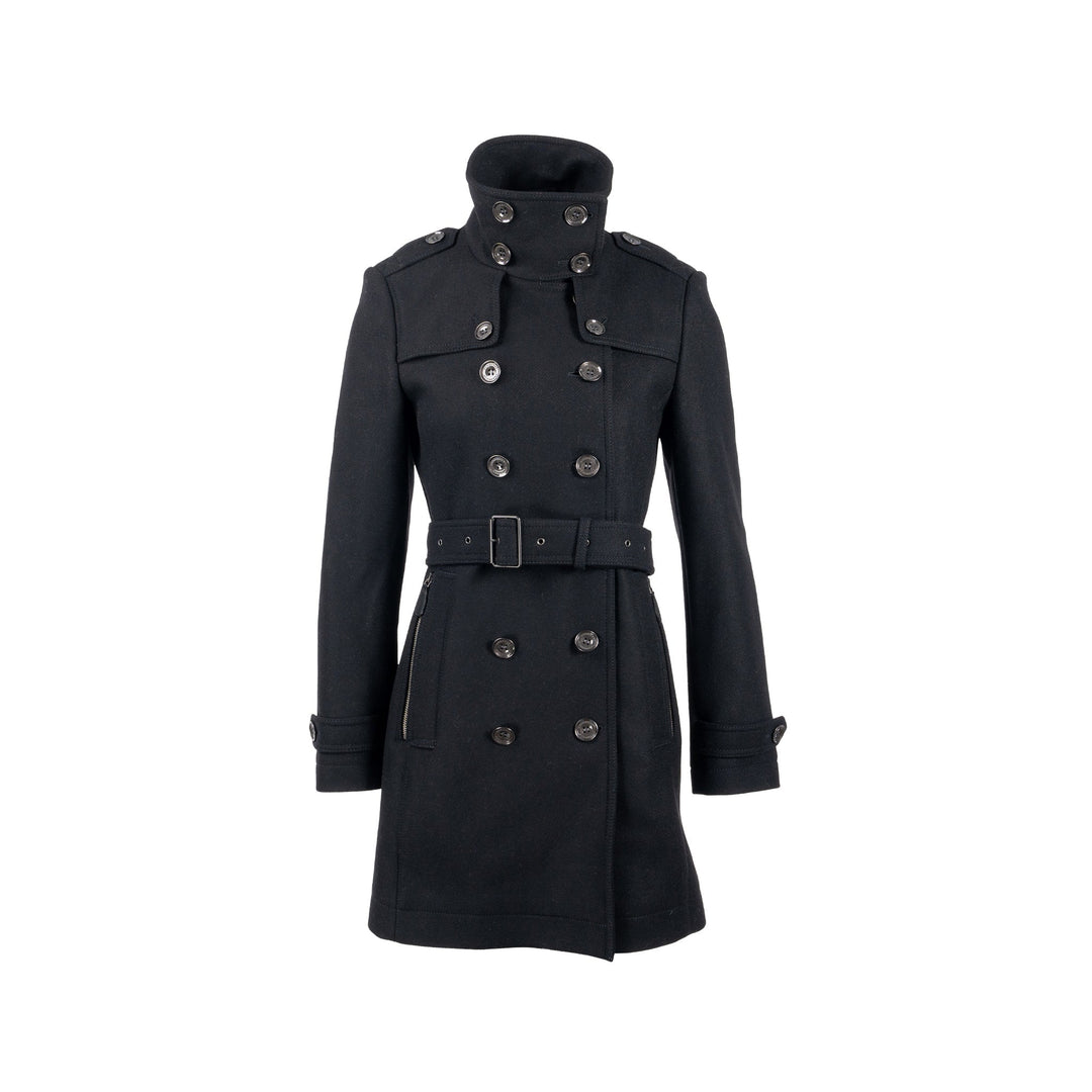 Burberry Size IT40 Pea Double Breasted Belted-Waist Coat Virgin Wool Black