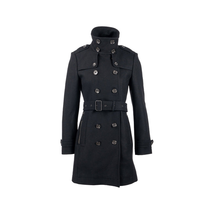 Burberry Size IT40 Pea Double Breasted Belted-Waist Coat Virgin Wool Black